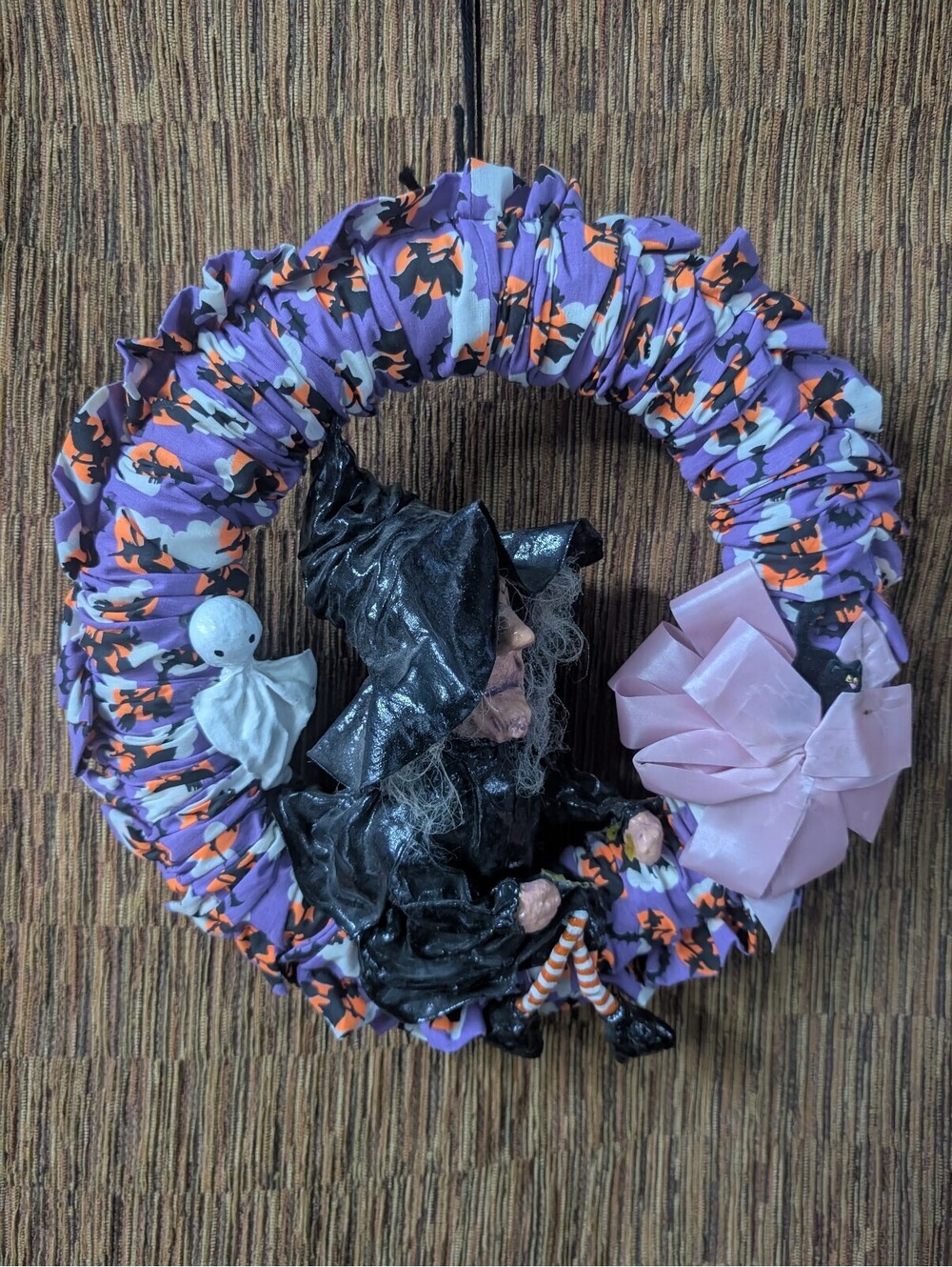 Handmade Halloween Witch Wreath with Ghost and Pink Bow